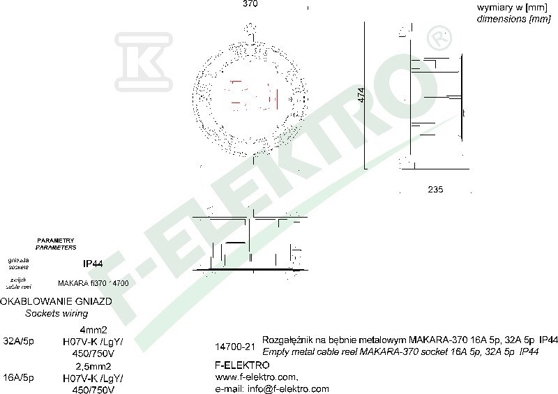 Rozgałęźnik bębnowy, GRANDE-320 32A 5p, - 14600-53